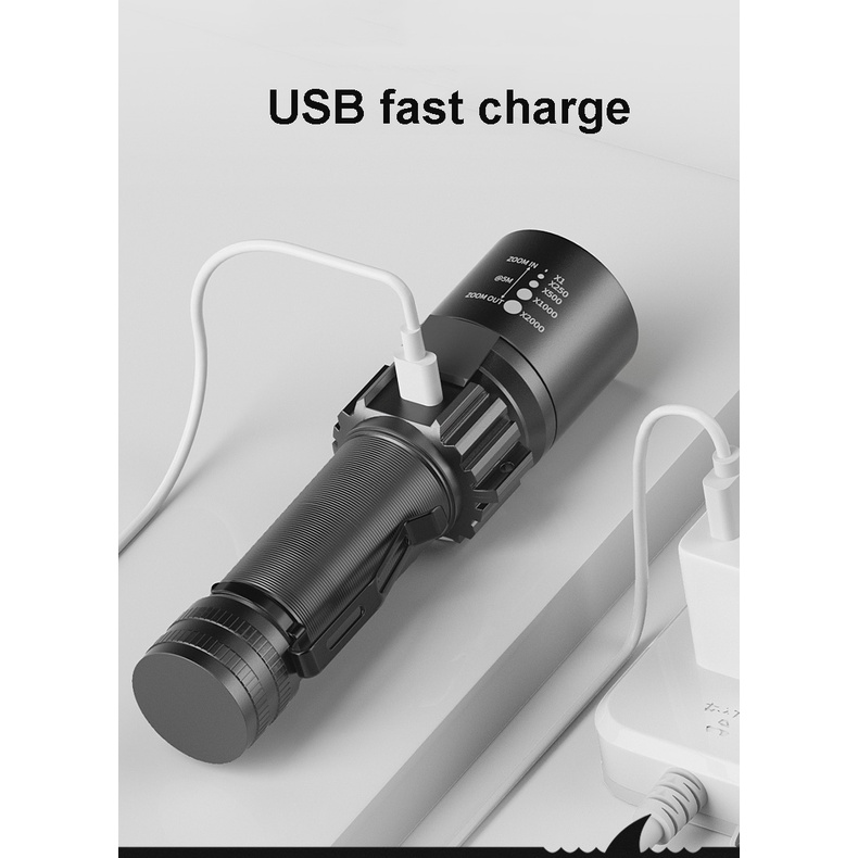 Smiling Shark SD5123 Đèn pin LED siêu sáng USB sạc lại được thu phóng chống thấm nước đa năng
