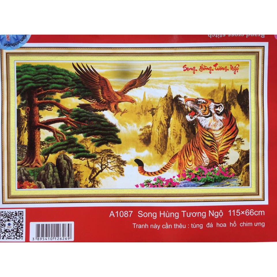 tranh thêu chữ thập hổ, đại bàng song hung tương ngộ kt 115x66cm