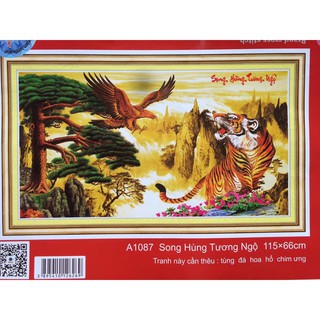 tranh thêu chữ thập hổ, đại bàng song hung tương ngộ kt 115x66cm