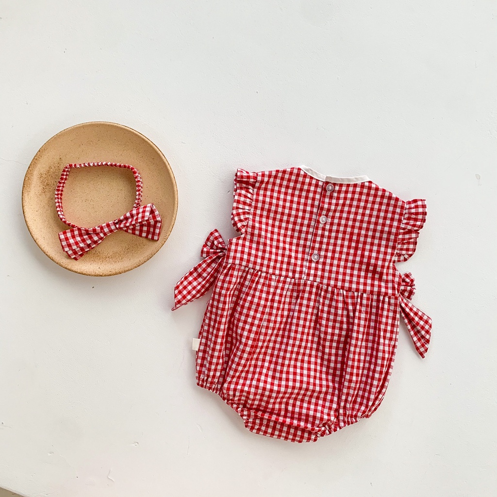 Bộ Áo Liền Quần Thêu Hình Dâu Tây + Băng Đô Xinh Xắn cho trẻ em Gái Sơ Sinh