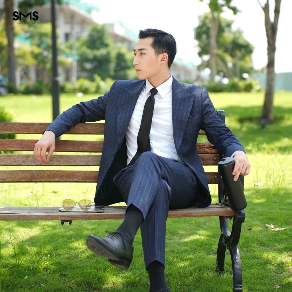 Vest nam xanh navy kẻ sọc, 2 khuy 3 túi phối quần sidetab, suits sartorial, chuẩn form Smart Suits
