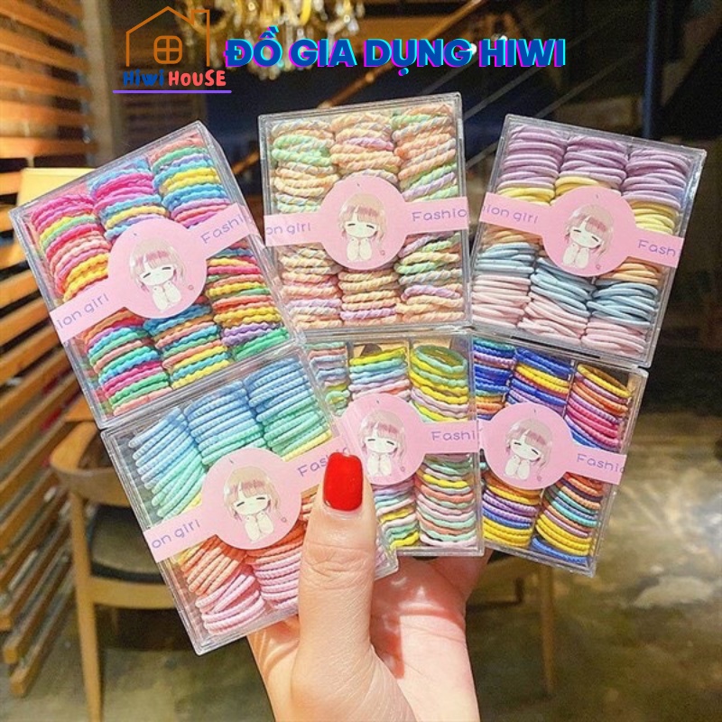 Set 100 Hộp Vuông Dây Buộc Tóc Cầu Vồng Sắc Dễ Thương Cho Bé Gái