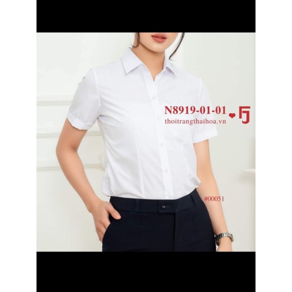 CHÍNH HÃNG. Áo sơ mi nữ Thái Hòa màu trắng trơn vải sợi tre mã 8919 co giãn nhẹ