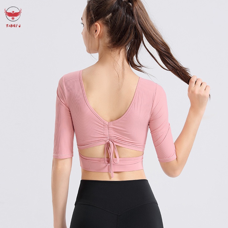 Áo Croptop Tập Yoga / Thể Thao Tay Dài Hở Lưng Dáng Ôm Chống Mồ Hôi Cho Nữ