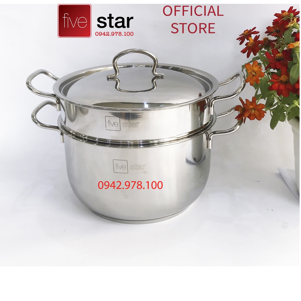 Bộ nồi xửng hấp inox 430 Fivestar Standard  3 đáy bếp từ nắp inox ( 24cm / 26cm ), tặng 2 vá canh