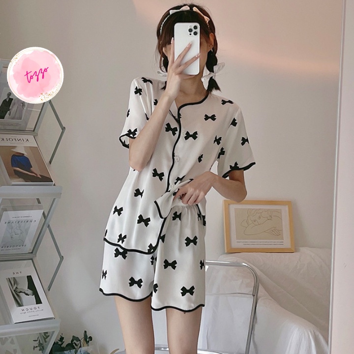 Bộ ngủ lụa satin nữ kiểu dáng pijama bigsize cộc tay quần đùi dễ thương phong cách hàn quốc BCL01