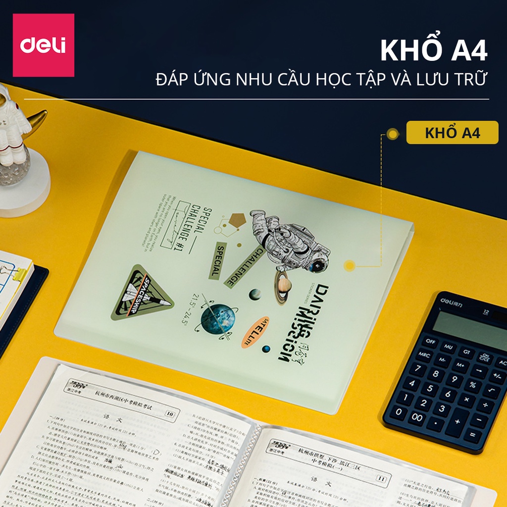 File lá học sinh khổ A4 Deli - 30/40 lá - Chất liệu nhựa PP cao cấp họa tiết phi hành gia độc đáo xinh xắn - 72665/72666