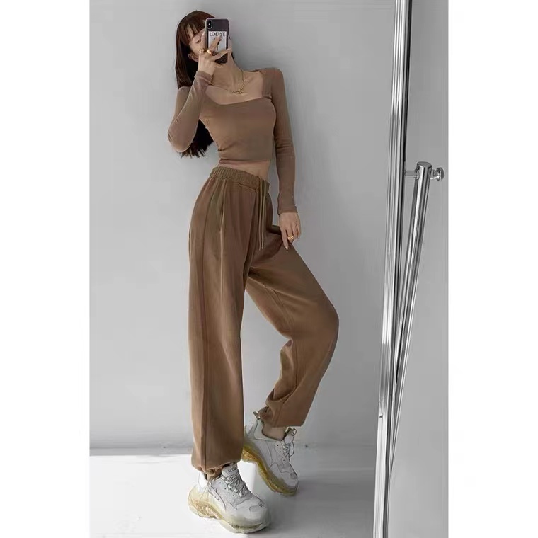 SUXI Quần dài nữ ống suông cạp thun màu trơn thời trang phong cách Hàn Quốc