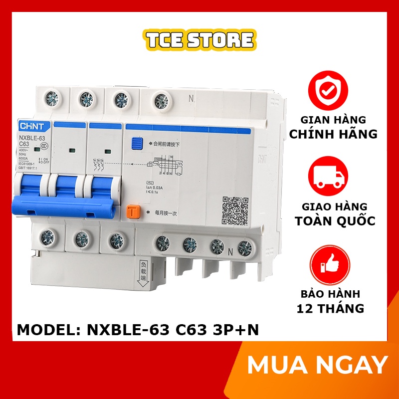 Aptomat 3 pha MCCB Chint NXBLE 63A 3P+N chống rò chống giật định mức 63A