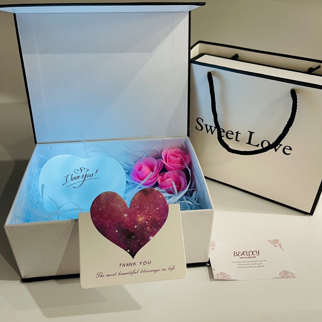 Hộp quà kèm đèn ngủ trái tim lãng mạn, quà valentine, combo hộp quà tặng
