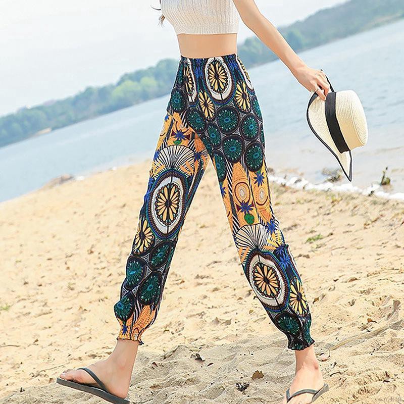Quần dài ống túm bằng cotton mỏng phong cách bohemian cho nữ