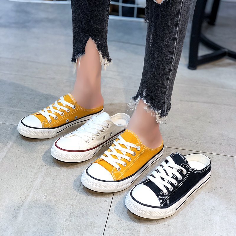 [Ready stock] Women's casual canvas shoes slippers Fashion all-match canvas slippers Convenient personality dual-purpose canvas slippers for women