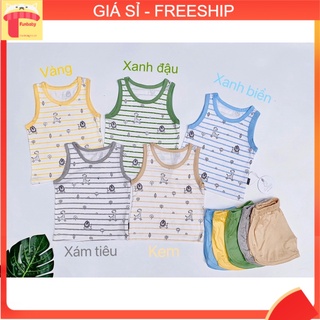 Bộ ba lỗ bé trai 6m-4 tuổi in hình phối kẻ,  Quần áo hè cho bé vải thun lạnh thoáng mát
