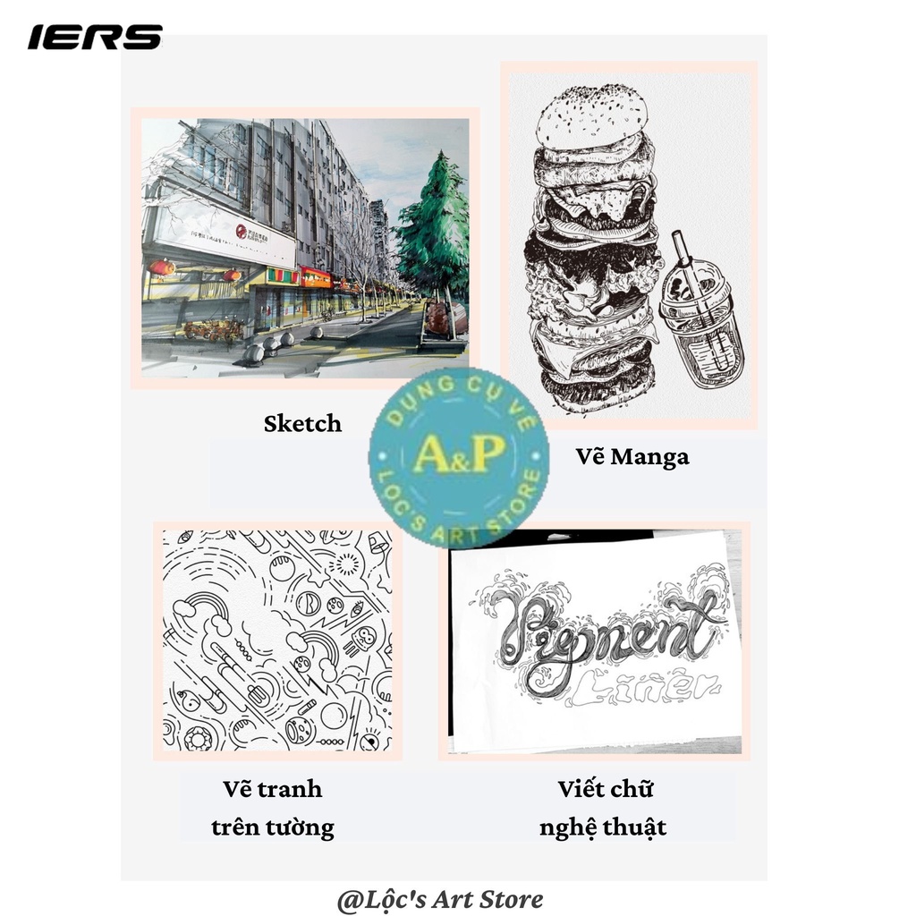 [Lộc's Art Store] Bộ 9 Cây Bút Đi Nét / Bút Kim IERS Mực Đen Kháng Nước (Pigment Liner IERS 9 PCS)