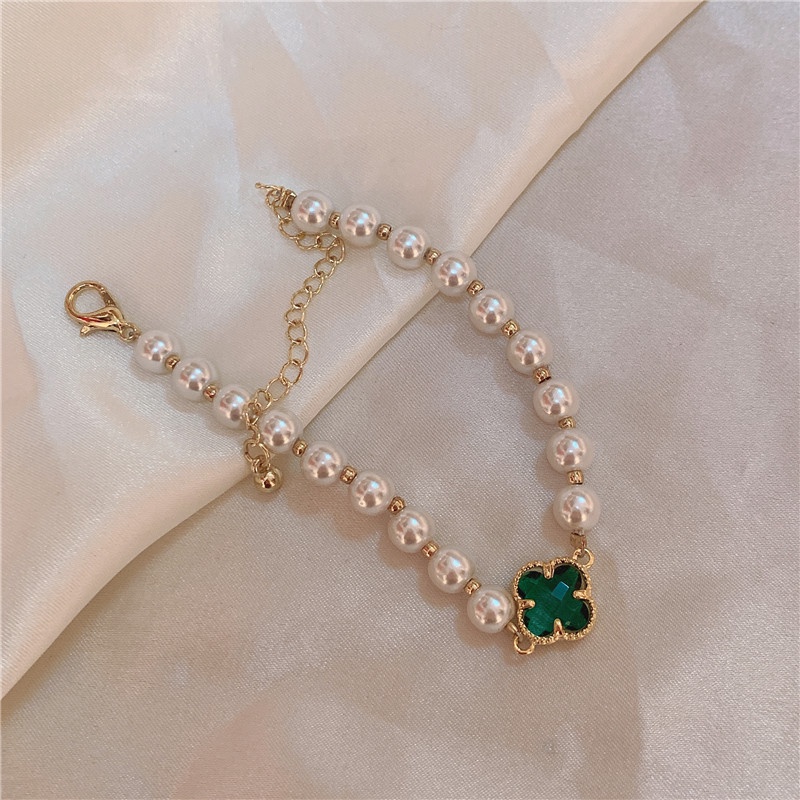 Lắc Tay Hạt Châu Charm Đá Cỏ 4 Lá - Vani Store [TS000597]
