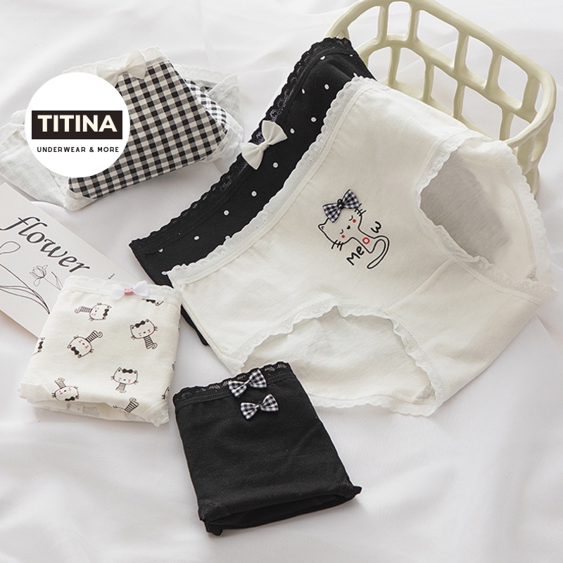 Quần lót nữ viền ren cotton dễ thương cute họa tiết mèo Titina QL02