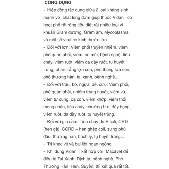 Vidan T 20 ml sưng phù đầu, khò khè bỏ ăn cho gia súc và gia cầm.