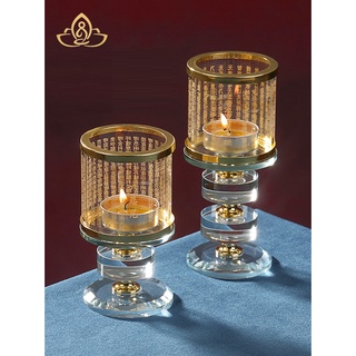 Đui Đèn Để Nến Bơ Bằng Thủy Tinh Pha Lê Cao 3 Tầng, Đèn Phật có Chụp chống gió - khắc in Bài Chú Đại Bi - 1 Cái