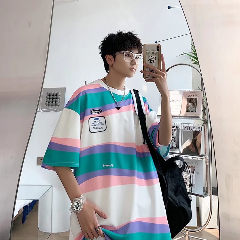 Áo Thun Ngắn Tay Họa Tiết Sọc Màu Sắc Tương Phản Thời Trang Cho Nam