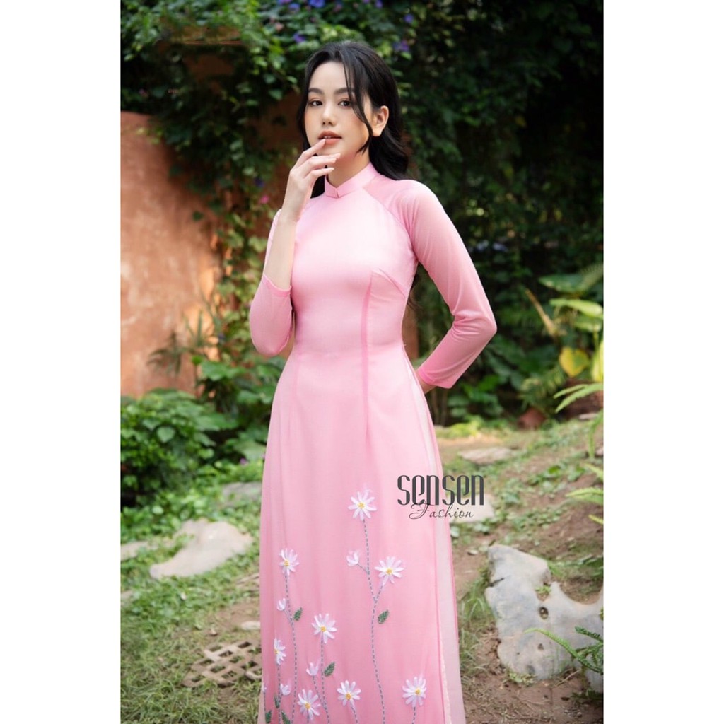 Áo Dài Truyền Thống Nữ Vàng 4 Tà Hoa Thêu Ri Băng Áo Dài Chuẩn Phom Cam kết Chất Lượng