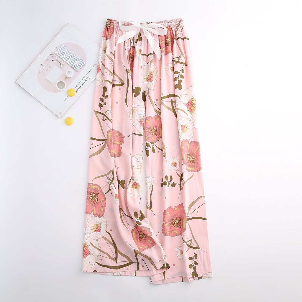 Quần Ngủ FINTOO Bằng Lụa Cotton Họa Tiết Hoa Ống Đứng Dáng Rộng Thoáng Mát Cho Nữ 40-80 Kg | BigBuy360 - bigbuy360.vn