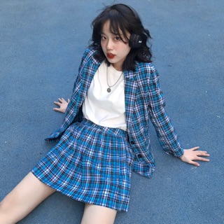 Usthebasic - Chân váy Plaid Pleated Blue Skirt