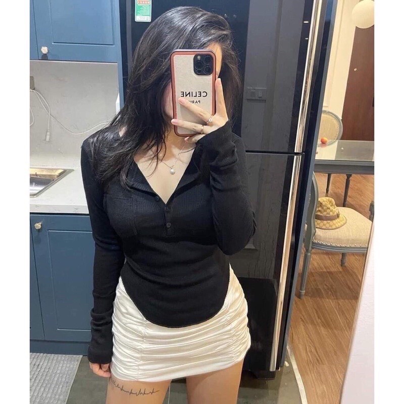 Áo thun nữ tay dài Cúc Ngực croptop ôm body sang chảnh co giãn 4 chiều