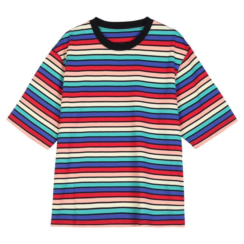 Áo Thun Tay Ngắn Cổ Tròn Dáng Rộng Họa Tiết Kẻ Sọc Nhiều Màu Sắc Phong Cách Hàn Quốc Thời Trang Mùa Hè Cho Nữ