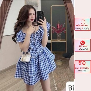 Váy trễ vai kẻ caro xanh nữ viền bèo tầng tiểu thư bánh bèo Hàn Quốc đi biển
