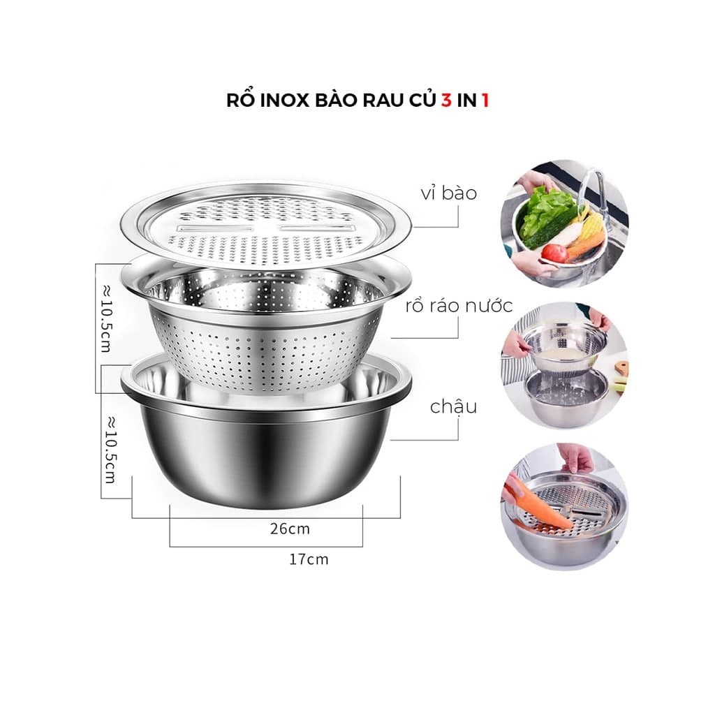 Bộ rổ chậu kèm nạo rau củ quả inox đa chức năng 3in1 cao cấp siêu tiện dụng POT KITCHEN