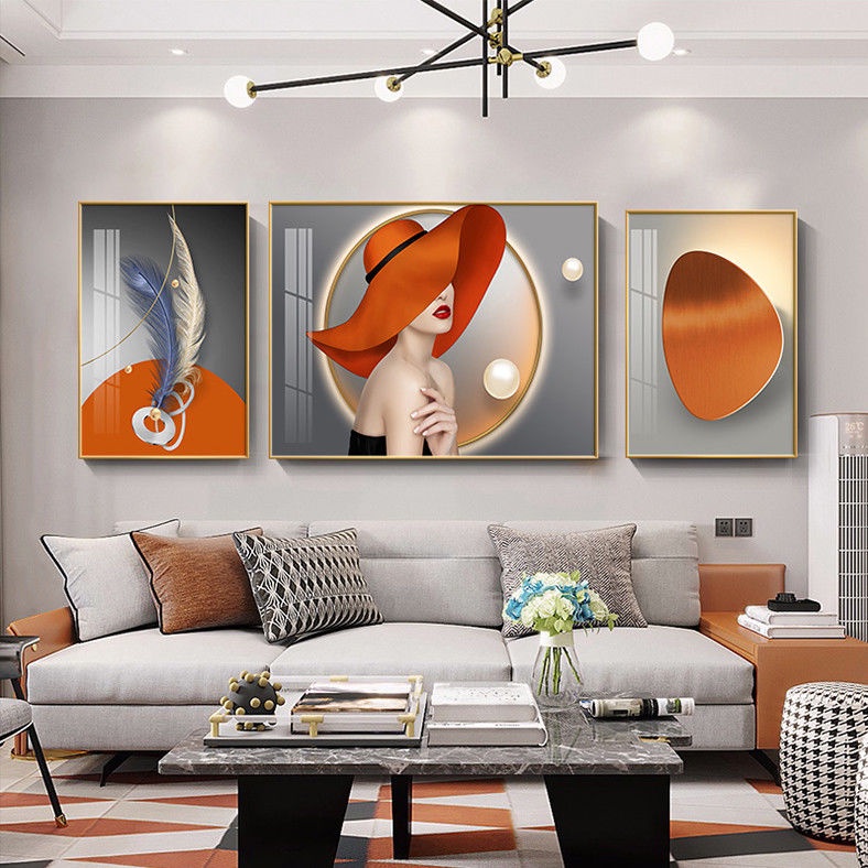 Phòng khách sang trọng nhẹ trang trí bức tranh sofa nền tường hiện đại tối giản lông vũ đẹp cao cấp bộ ba kết hợp
