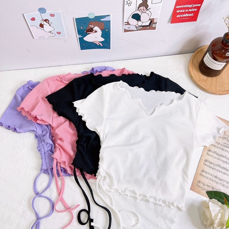 Áo croptop cổ V rút dây bên hông ( Kèm hình thật )