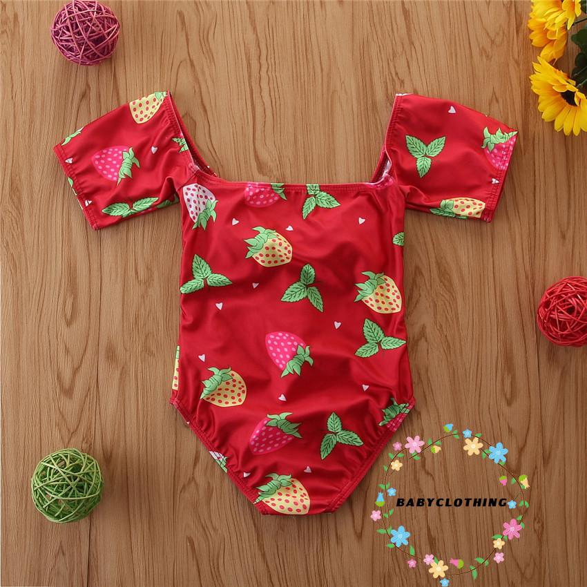 ღWSVღBaby Girl Strawberry Print One-Piece Toddler Swimsuit Short Sleeve Bow Hollow Swimsuit