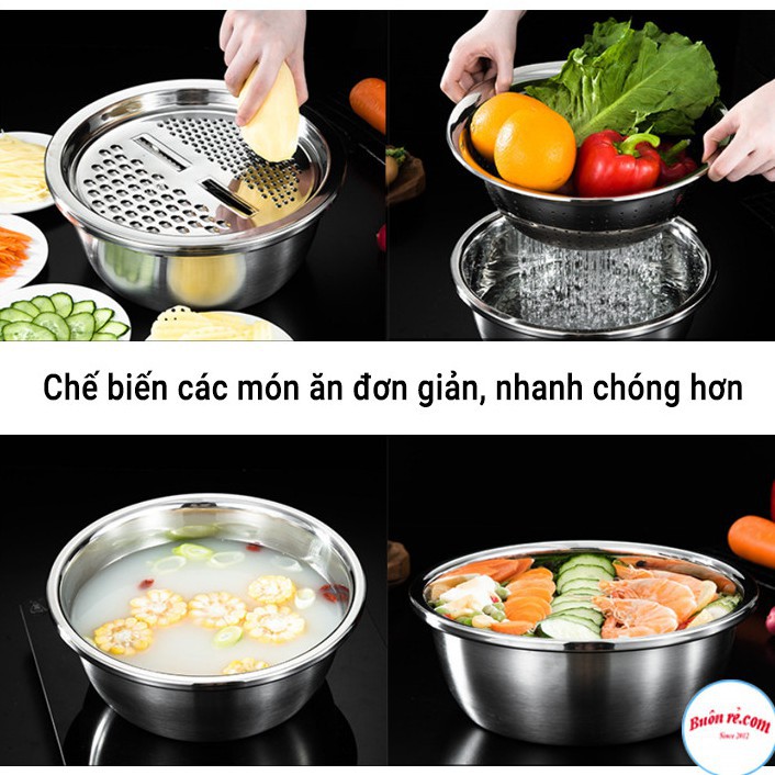 Bộ rổ, chậu kèm nạo rau củ quả inox đa năng 3in1 siêu tiện dụng cho nhà bếp