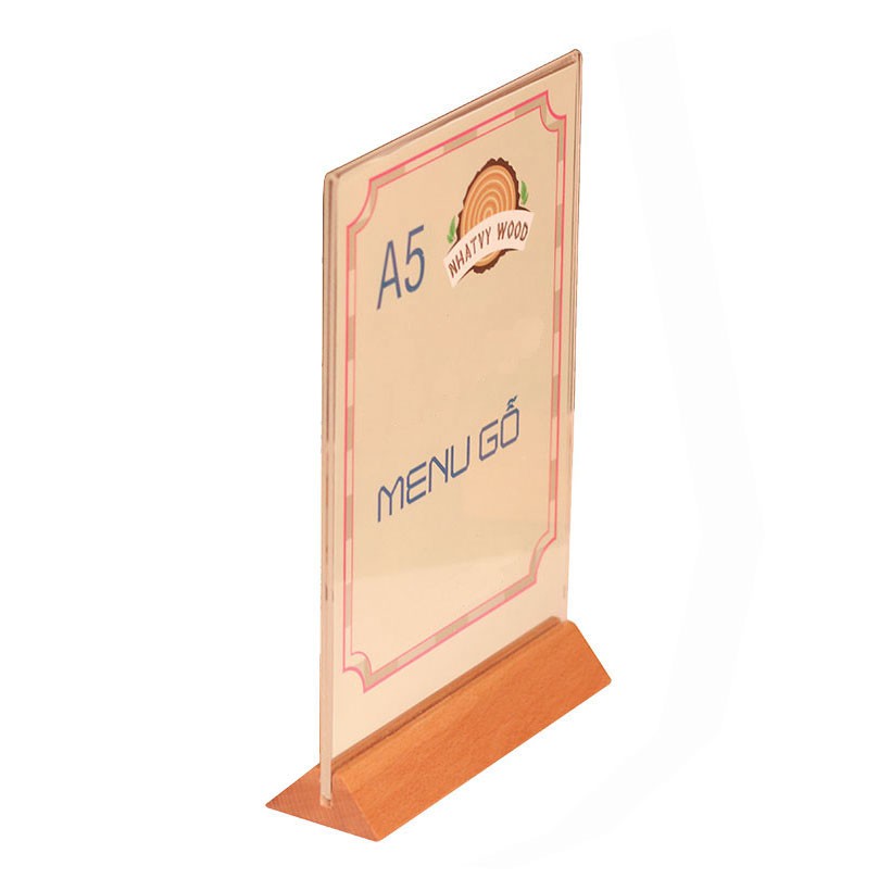 Menu mica A5 đế gỗ Nhatvywood NV5103 dành cho quán cafe, nhà hàng quán bar, standee để bàn cao cấp