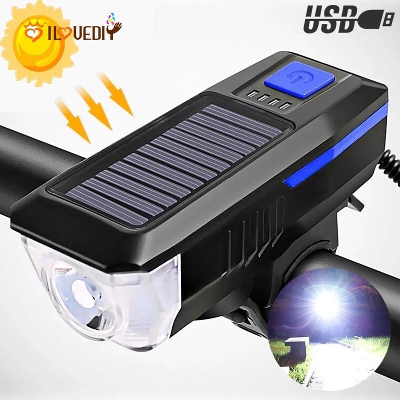 Đèn Pha Xe Đạp 2 Cổng Sạc Usb Sử Dụng Năng Lượng Mặt Trời