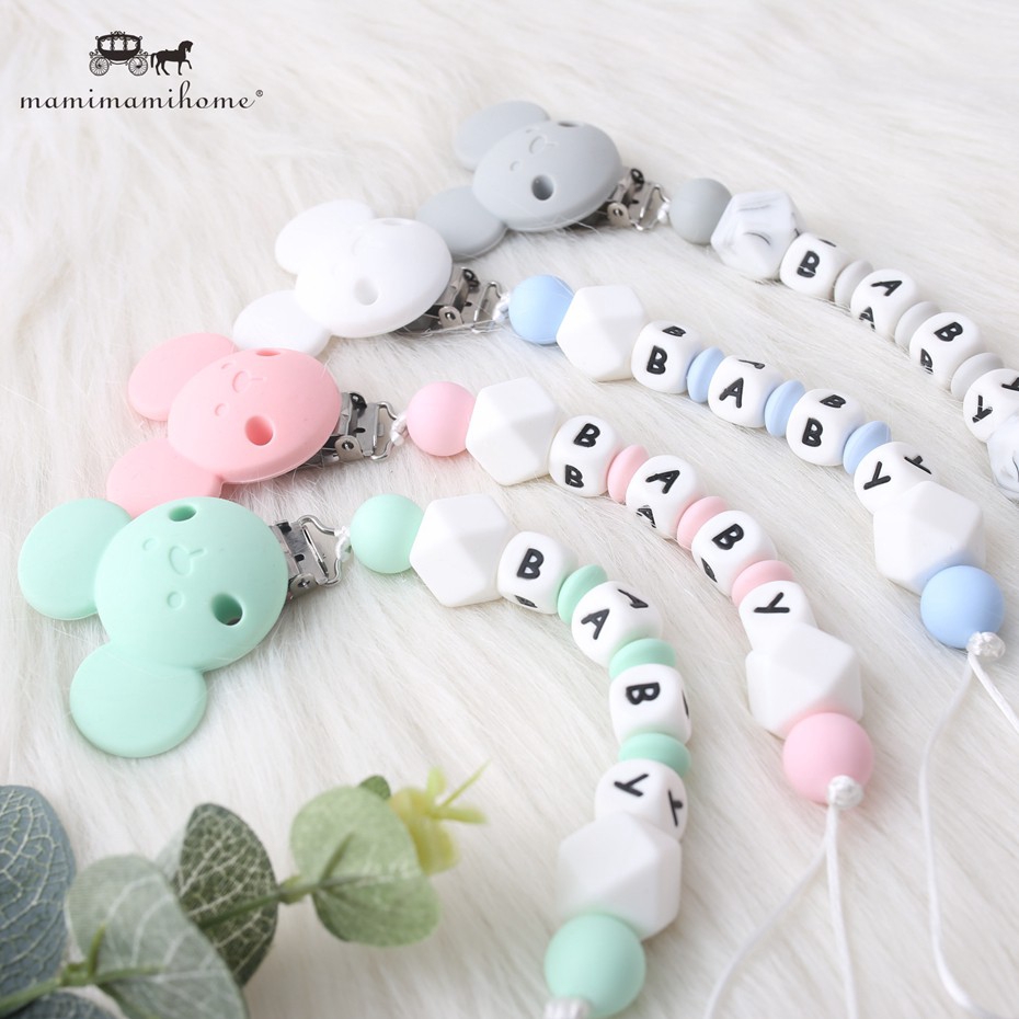Dây silicon MAMIMAMIHOME xỏ hạt hình gấu có kẹp giữ ti giả dễ thương thời trang cho bé
