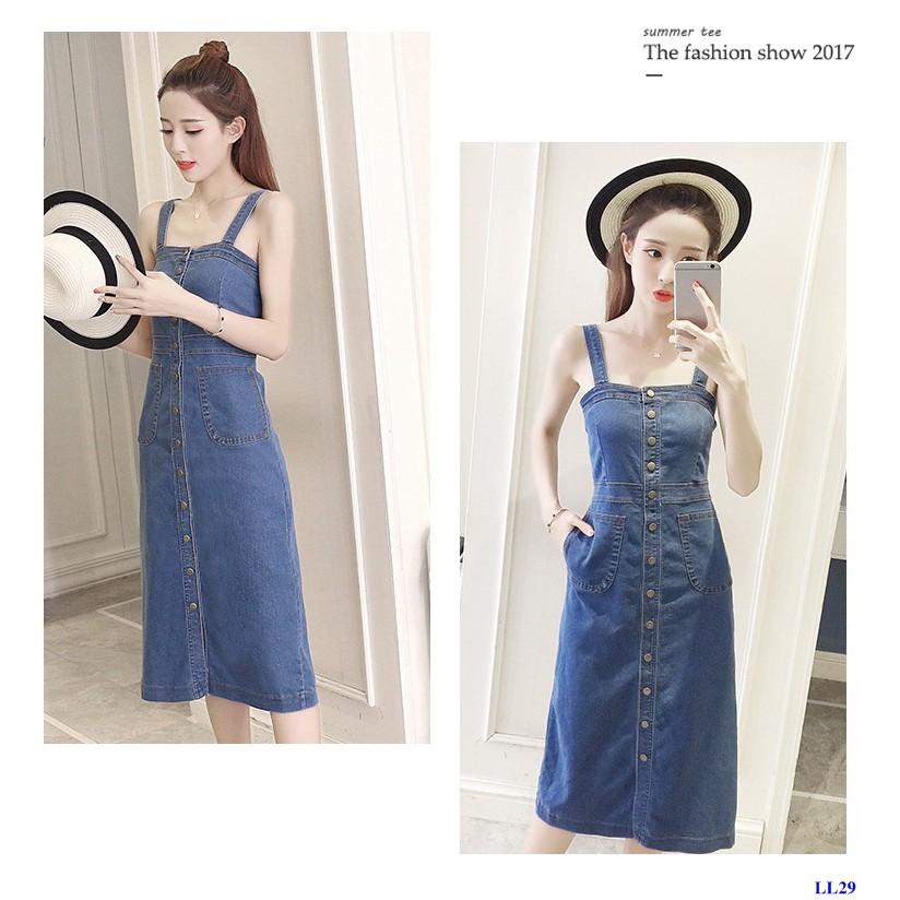 Đầm Yếm Jean Dáng Dài Phối Túi Xinh Xắn