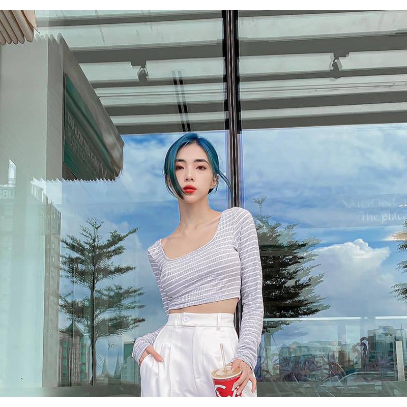 Áo Croptop Cổ Vuông Tay Dài Hở Lưng Ôm Body Thun Gân (Len Tăm) Mati House - YA1181170