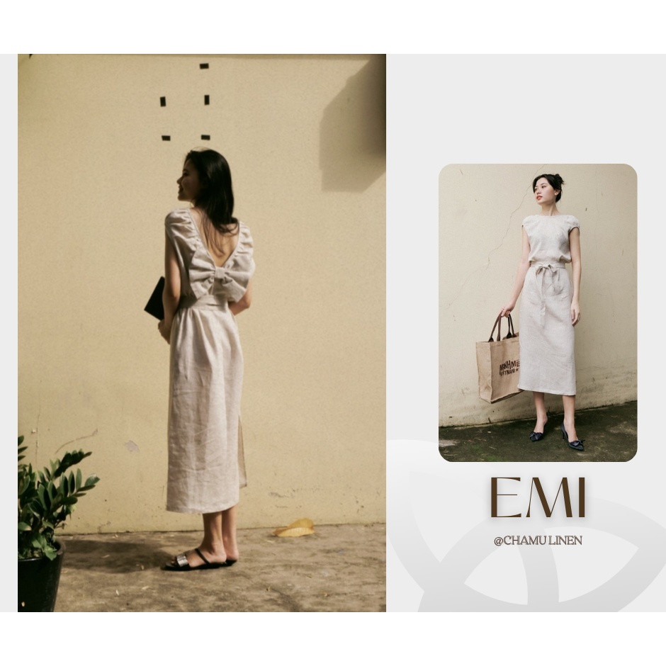 Đầm linen 100%  nơ bản to cách điệu | EMI midi linen dress | CHAMULINEN