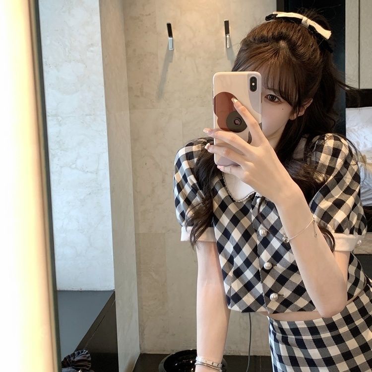 Set Áo Tay Ngắn Cổ Búp Bê Kẻ Sọc Caro + Chân Váy Ngắn Thời Trang Mùa Hè Phong Cách Mới Dành Cho Nữ 2022