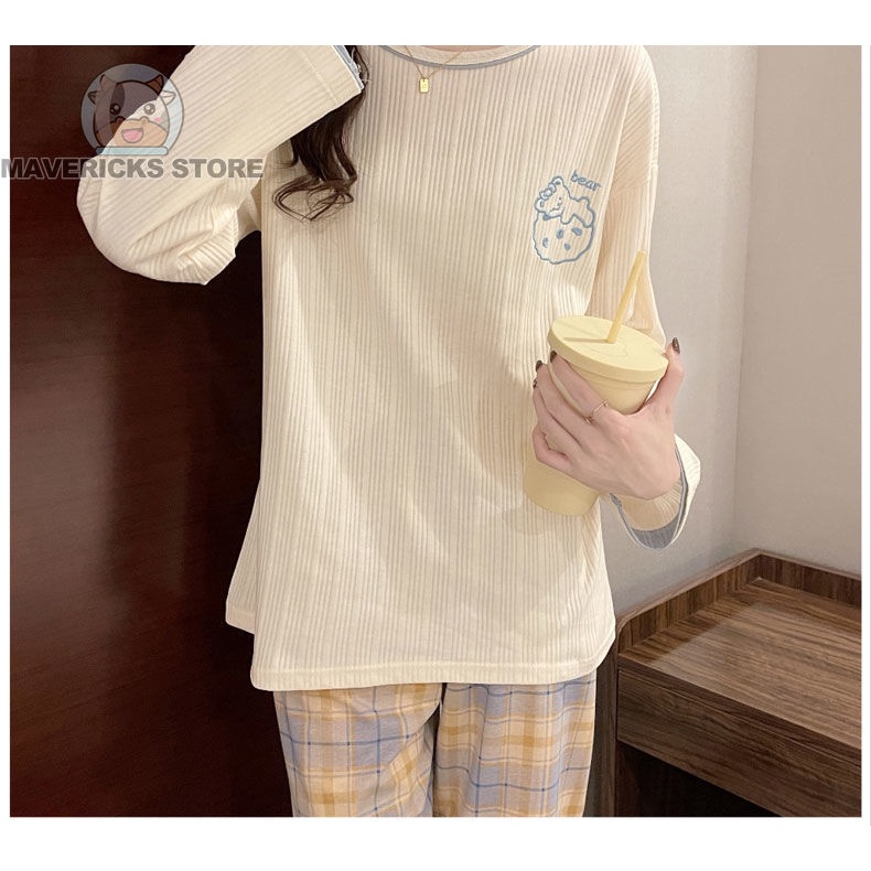 Bộ Đồ Ngủ Tay Dài In Hình Gấu Dễ Thương Phong Cách Hàn Quốc