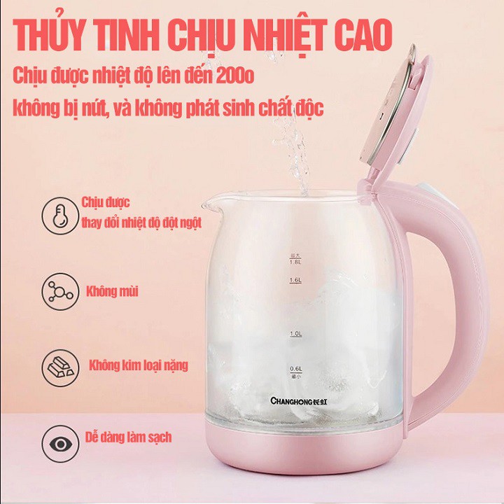 Ấm Siêu Tốc Thủy Tinh  Ấm Đun Nước Công Suất Lớn 1500W Đun Sôi Nhanh, Vệ Sinh Dễ Dàng Không Để Lại Cặn J11