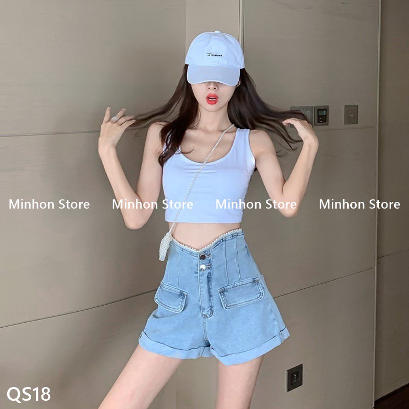 [Có Sẵn - Freeship] Quần Đùi, Quần Short Bò Cạp Cao Đính Viền Ngọc Sang Chảnh (Minhon Store QS18) | BigBuy360 - bigbuy360.vn