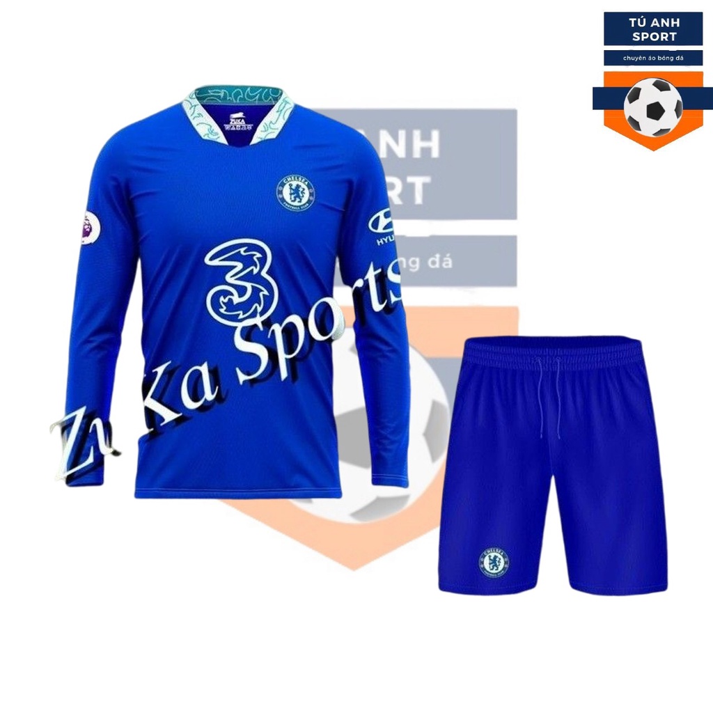Bộ Quần Áo Bóng Đá Dài Tay Đội Chelsea Xanh Dương Thun Thái