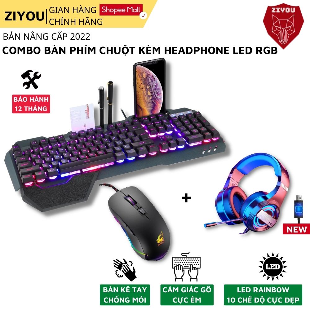 Combo Bàn Phím Chuột Kèm Tai Nghe Gaming ZIYOU, Bản Nâng Cấp 2022 Full Chế Độ LED RGB, Cho Máy Tính,Laptop,pc K618+V6+Q9