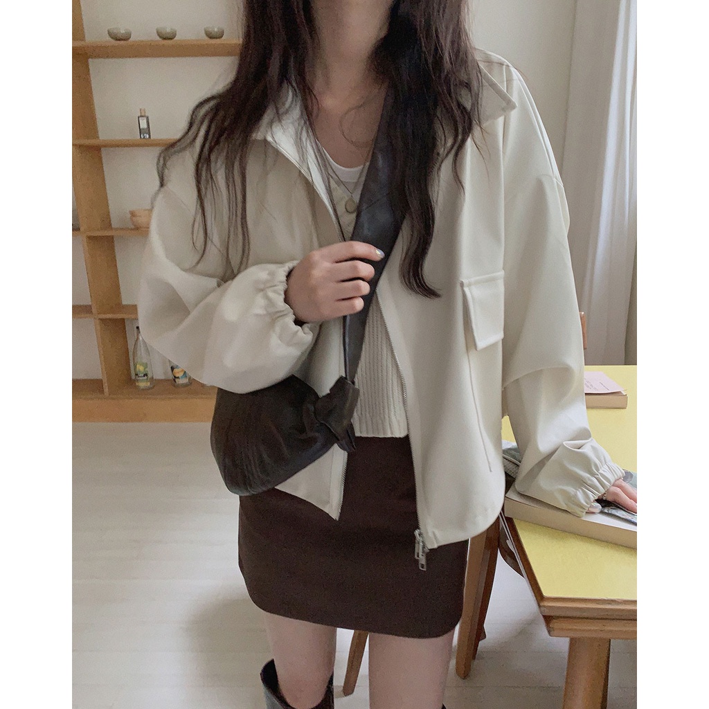 Áo khoác da PU phối túi đơn giản thời trang cho nữ 45925