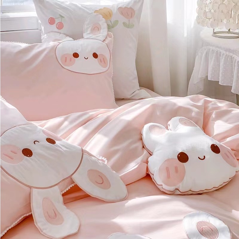 Bộ Chăn Ga Gối Cotton Linen 5 Món Thỏ Hồng Luna Bedding