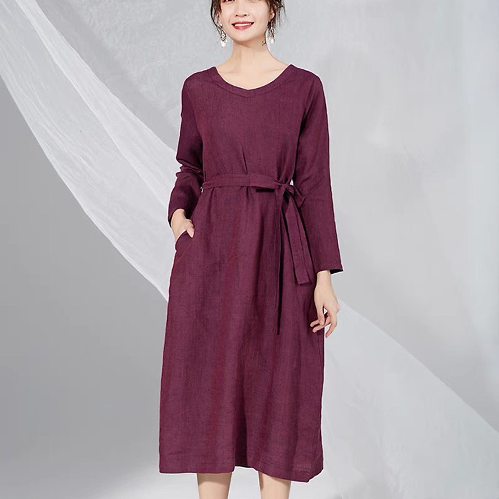 (TỔNG KHO LÂM ANH CHUYÊN SỈ) Đầm suông linen cổ tim dài tay kèm đai rời - Đỏ bã trầu