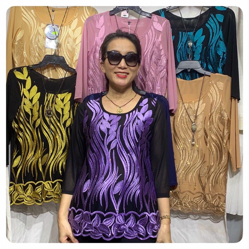 Áo thun voan trung niên cao cấp giao hoa văn ngẫu nhiên